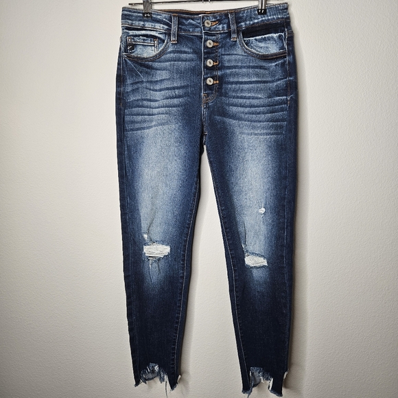 Rancan Denim - Button fly Kancan jeans size 9/28 Style kc9154d blue wash distressed knees 095